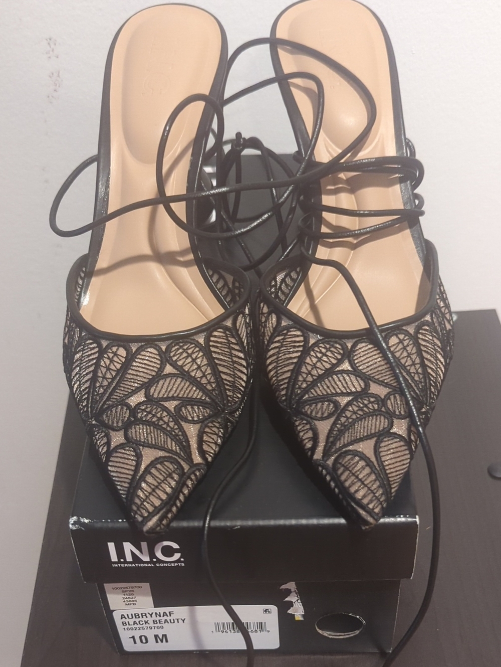 INC International Concepts Black Lace Pointed Toe Lace-Up Heels